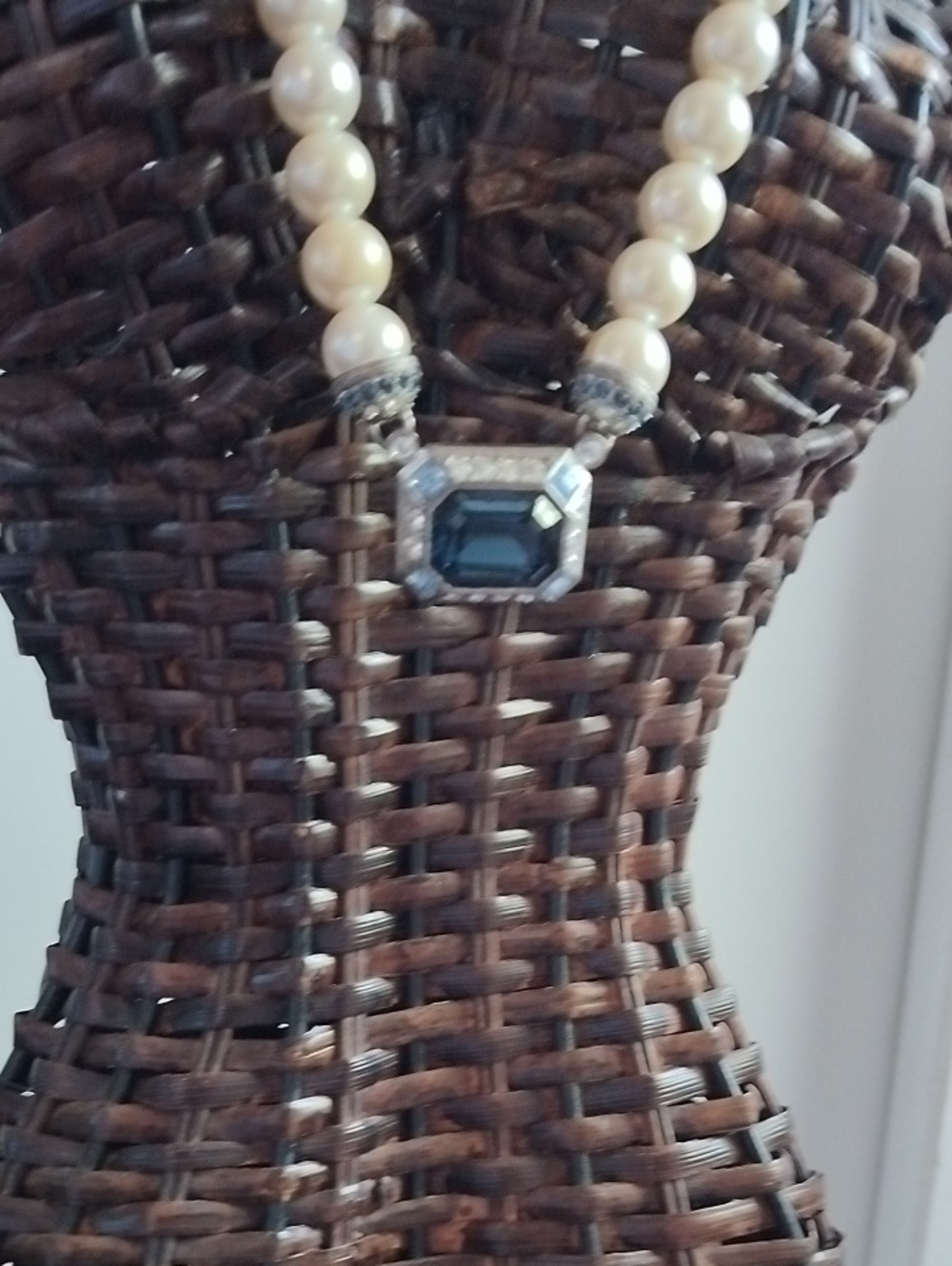 Pearl Necklace with Dark Blue Crystal Pendant